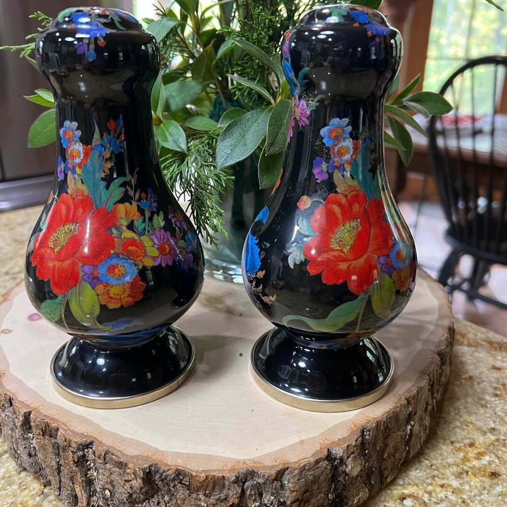 MacKenzie Childs market flower black enamel large salt and pepper set